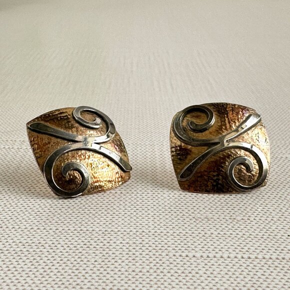 Modernist Sterling Silver & Copper Earrings For Pierced Ears 5/8" Unique Square - Picture 4 of 7